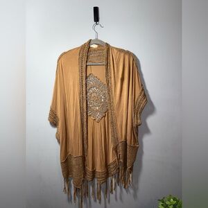 Altar'd State cotton blend Tan Crochet fringe BOHO kimono Cardigan M/L GUC